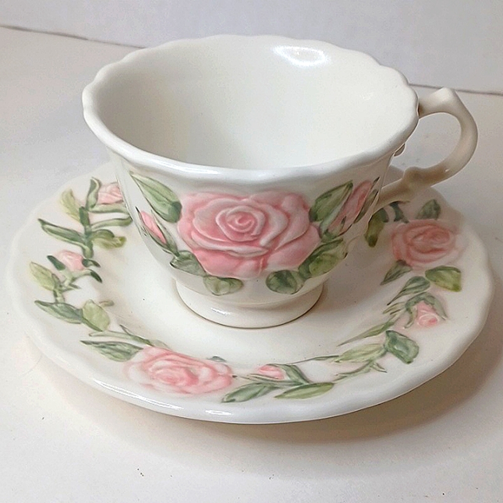 Metlox Pottery of California Vernonware Vernon Rose Pink Teacup and Saucer